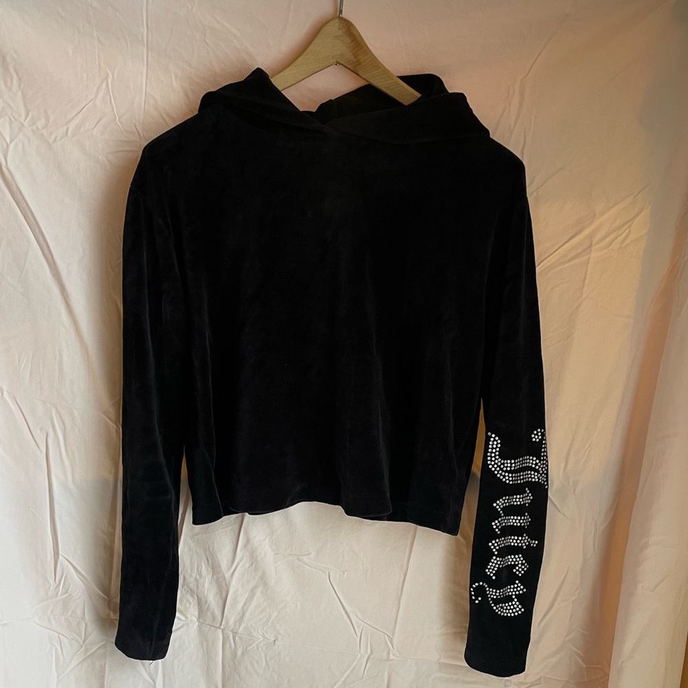 Black Juicy Couture velour cropped hoodie with rhinestone logo
